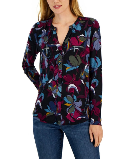 International Concepts Petite Split Neck Zippered Pocket Top