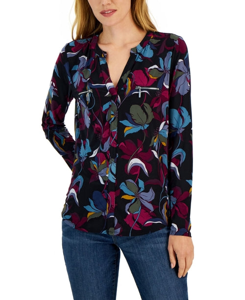 International Concepts Petite Split Neck Zippered Pocket Top