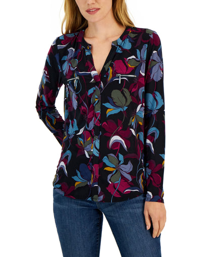 International Concepts Petite Split Neck Zippered Pocket Top