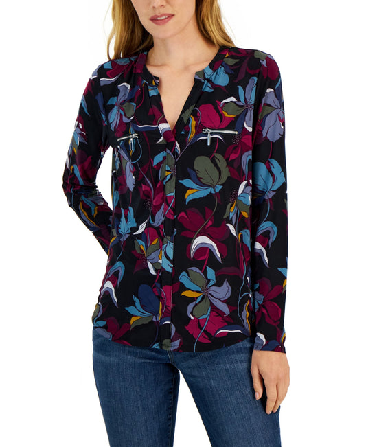 International Concepts Petite Split Neck Zippered Pocket Top
