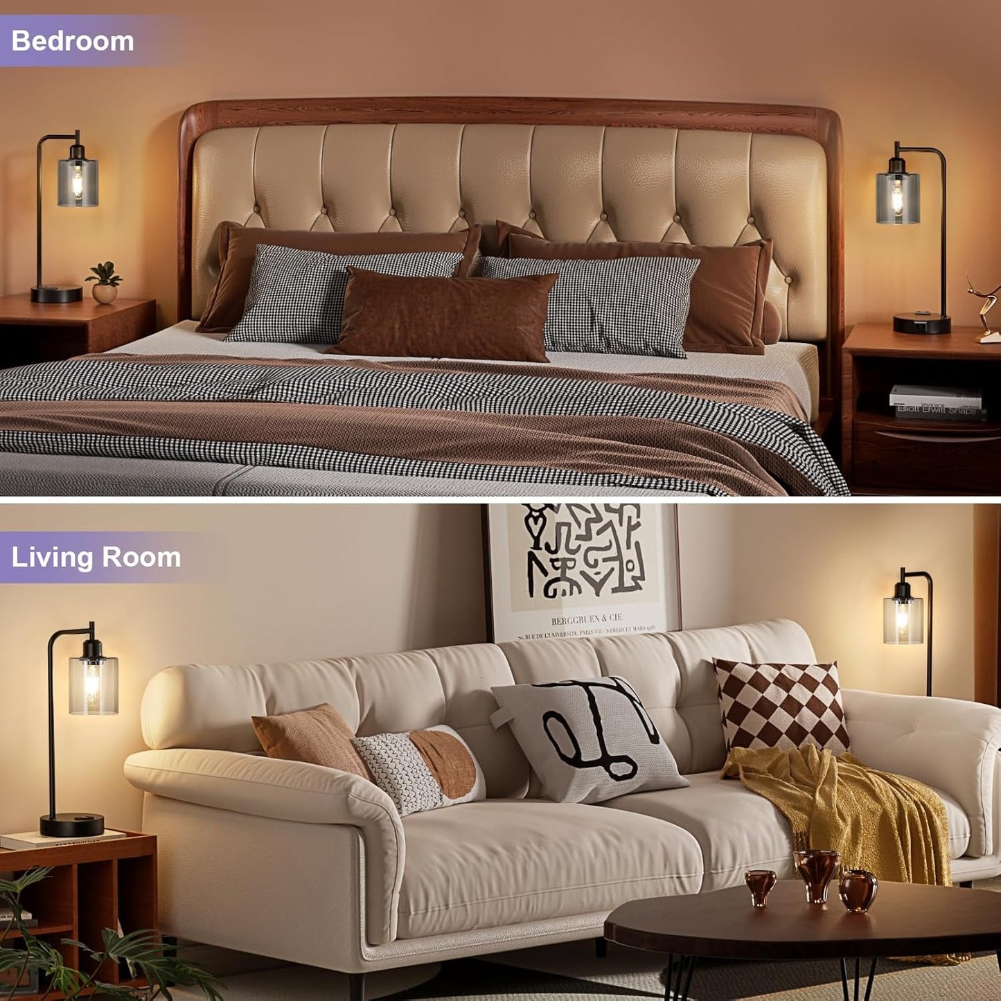 3-Way Dimmable USB Table Lamps With Gray Glass Shade Pair
