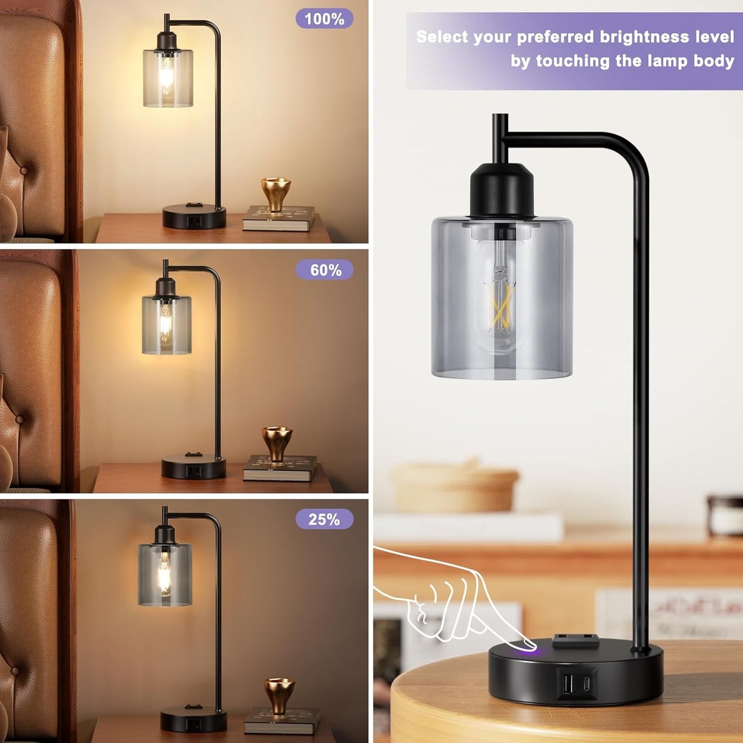3-Way Dimmable USB Table Lamps With Gray Glass Shade Pair