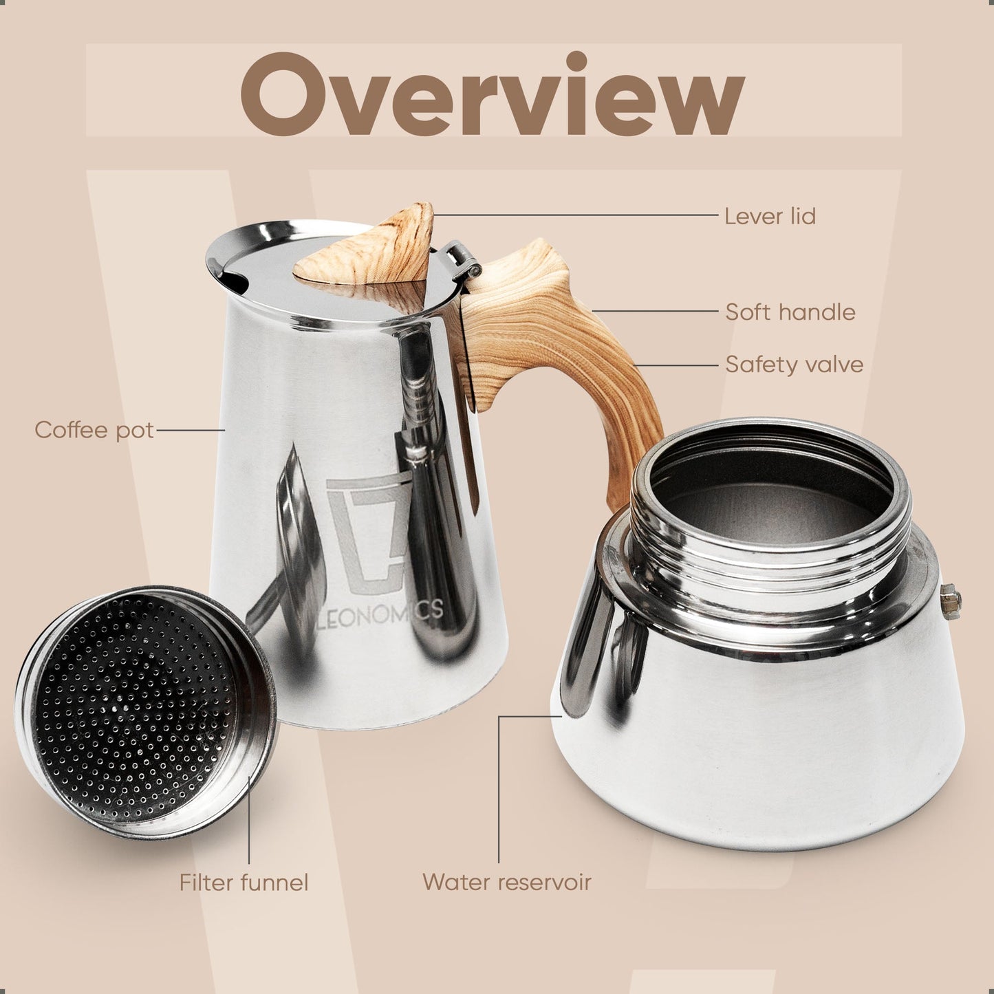 Leonomics Premium Stainless Steel Moka Pot - 300 ml