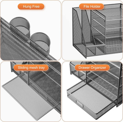 Grey 5 Tier Mesh Desk Organizer With Drawer And File Trays